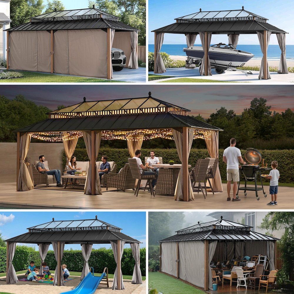 20 ft x 12 ft Aluminum Hardtop Gazebo with Polycarbonate Roof Hardtop, Woodgrain. Picture 2