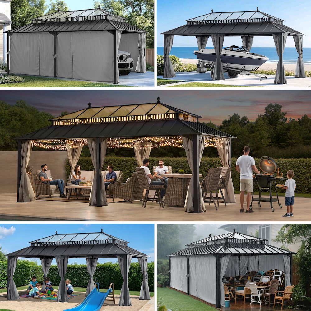 20 ft x 12 ft Hardtop Gazebo with Steel Roof, Grey Aluminum Frame. Picture 2
