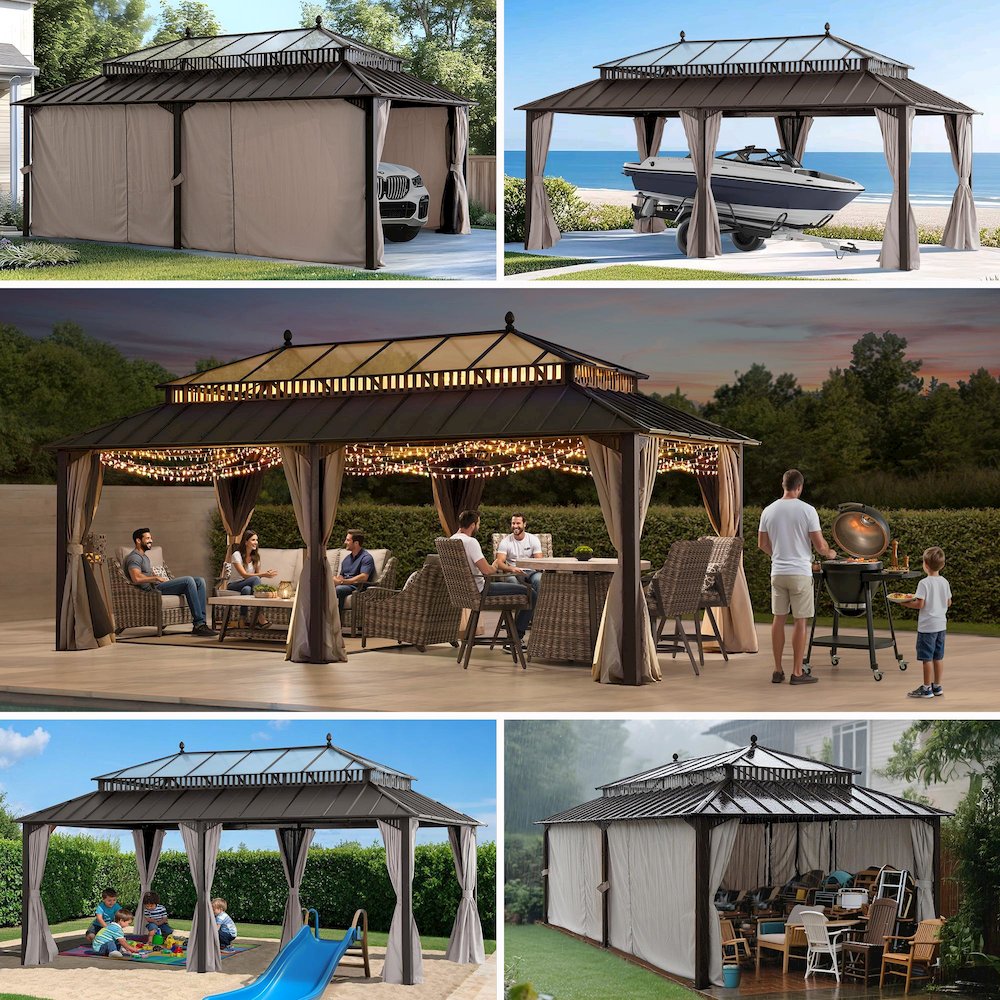 20 ft x 12 ft Hardtop Gazebo with Steel Roof, Brown Aluminum Frame. Picture 2