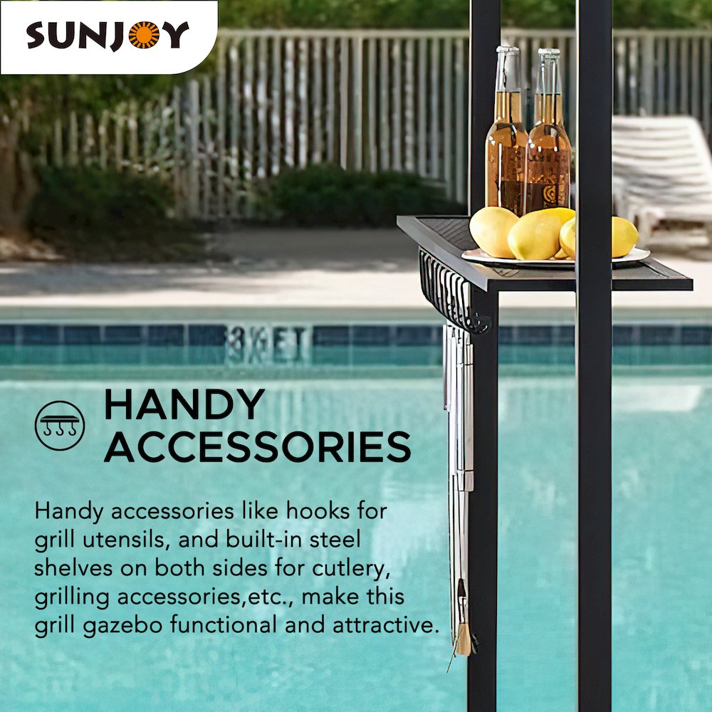 8x5 ft2-Tier Soft Top Gazebo Black Steel Grill Gazebo with Ceiling Hook, Shelves. Picture 4