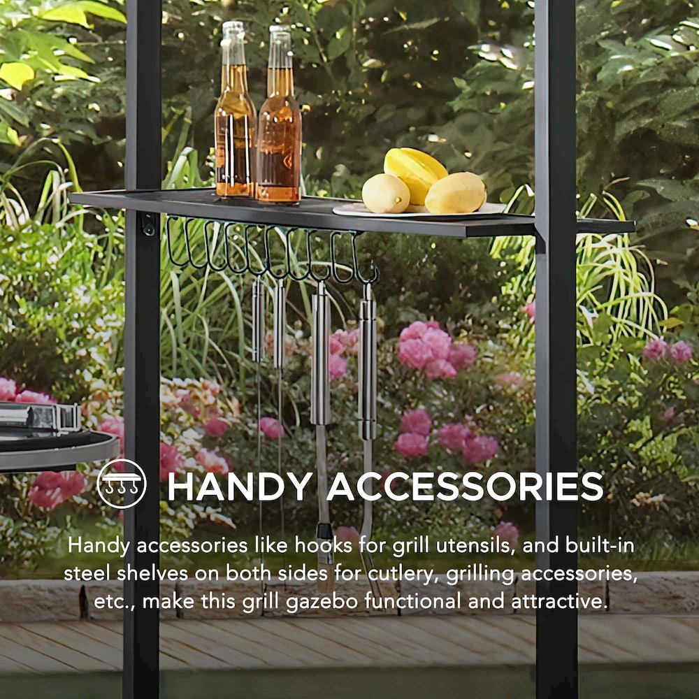 8x5ft 2-Tier Soft Top Gazebo Black Steel Grill Gazebo with Ceiling Hook, Shelves. Picture 5