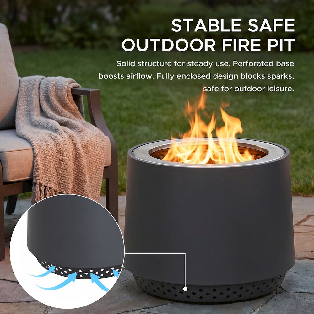 Stainless Steel Wood-Burning Smokeless Fire Pit with PVC Cover and Poker, Grey. Picture 4