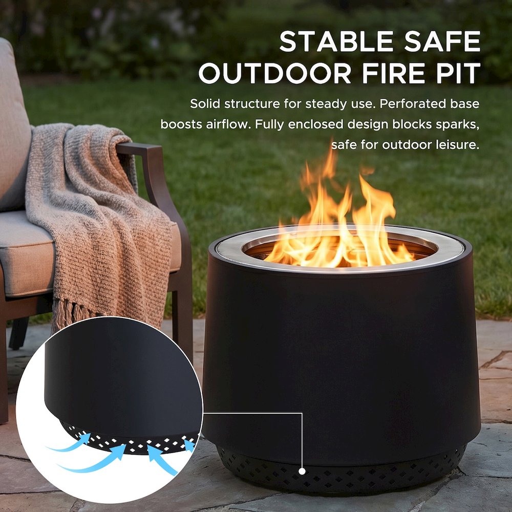 Stainless Steel Wood-Burning Smokeless Fire Pit with PVC Cover and Poker, Black. Picture 5