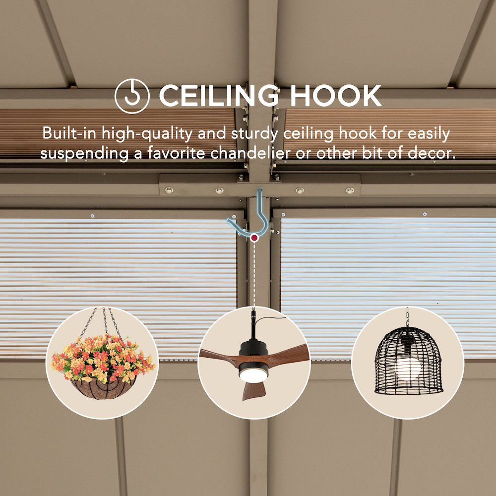 Wood Grain Steel Hardtop Gazebo with Galvanized Steel & PC Roof and Ceiling Hook. Picture 9