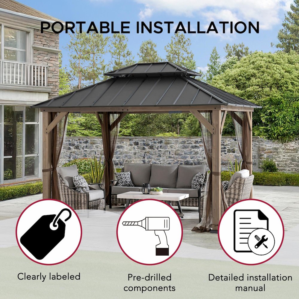 10 ft. x 12 ft. Cedar Wood Gazebo with Galvanized Steel Roof - Brown. Picture 4