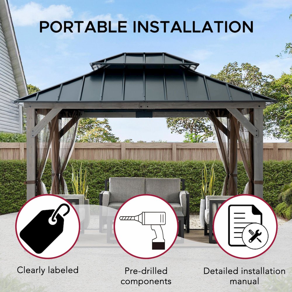 10 ft. x 12 ft. Cedar Wood Gazebo with Galvanized Steel Roof - Gray. Picture 11
