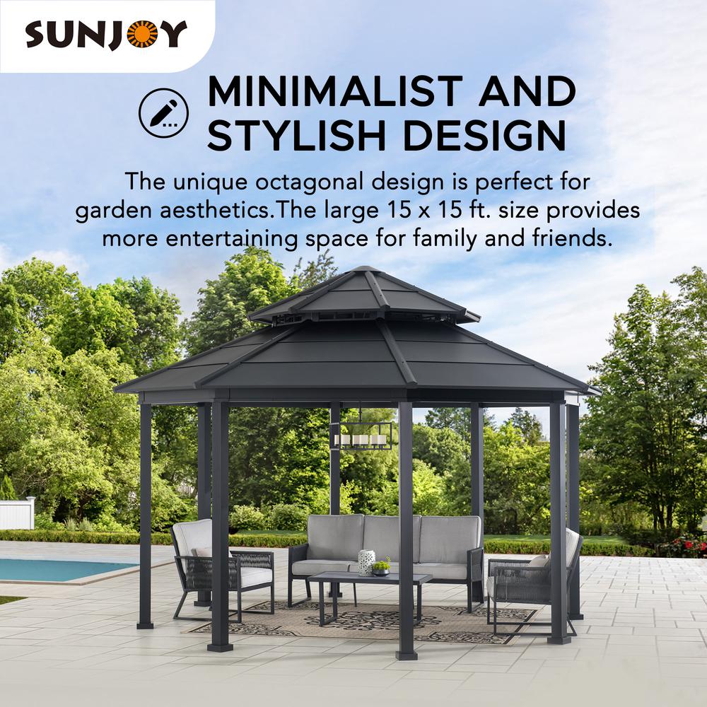 Sunjoy 15 x 15 ft. Outdoor Hardtop Octagon Double Tiered Metal Gazebo. Picture 5