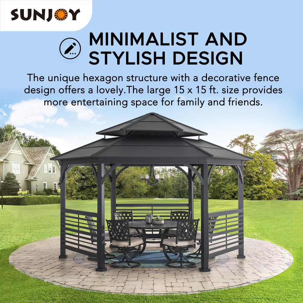 Sunjoy 15 x 15 ft. Outdoor Hardtop Hexagon Double Tiered Metal Gazebo. Picture 4