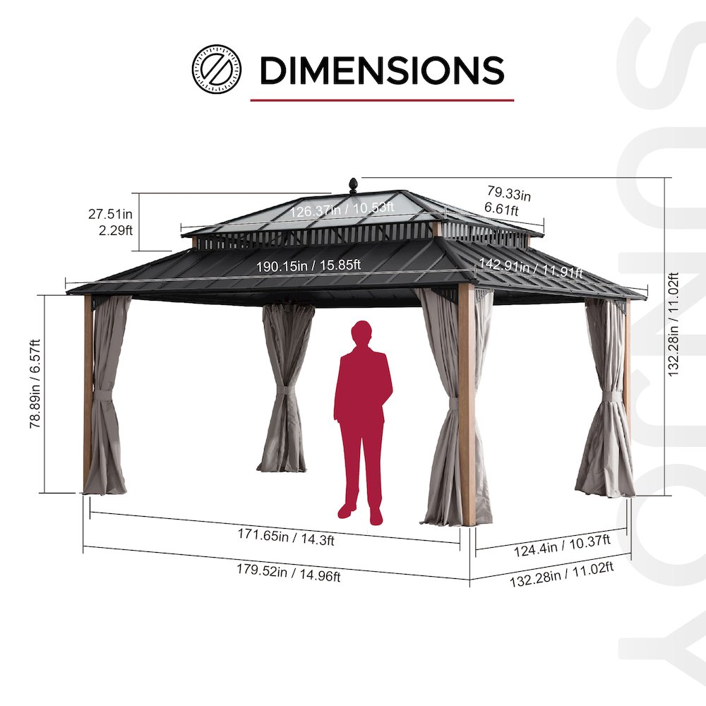 16 ft x 12 ft Hardtop Gazebo, Steel & Polycarbonate Roof - Extra-Tall. Picture 3