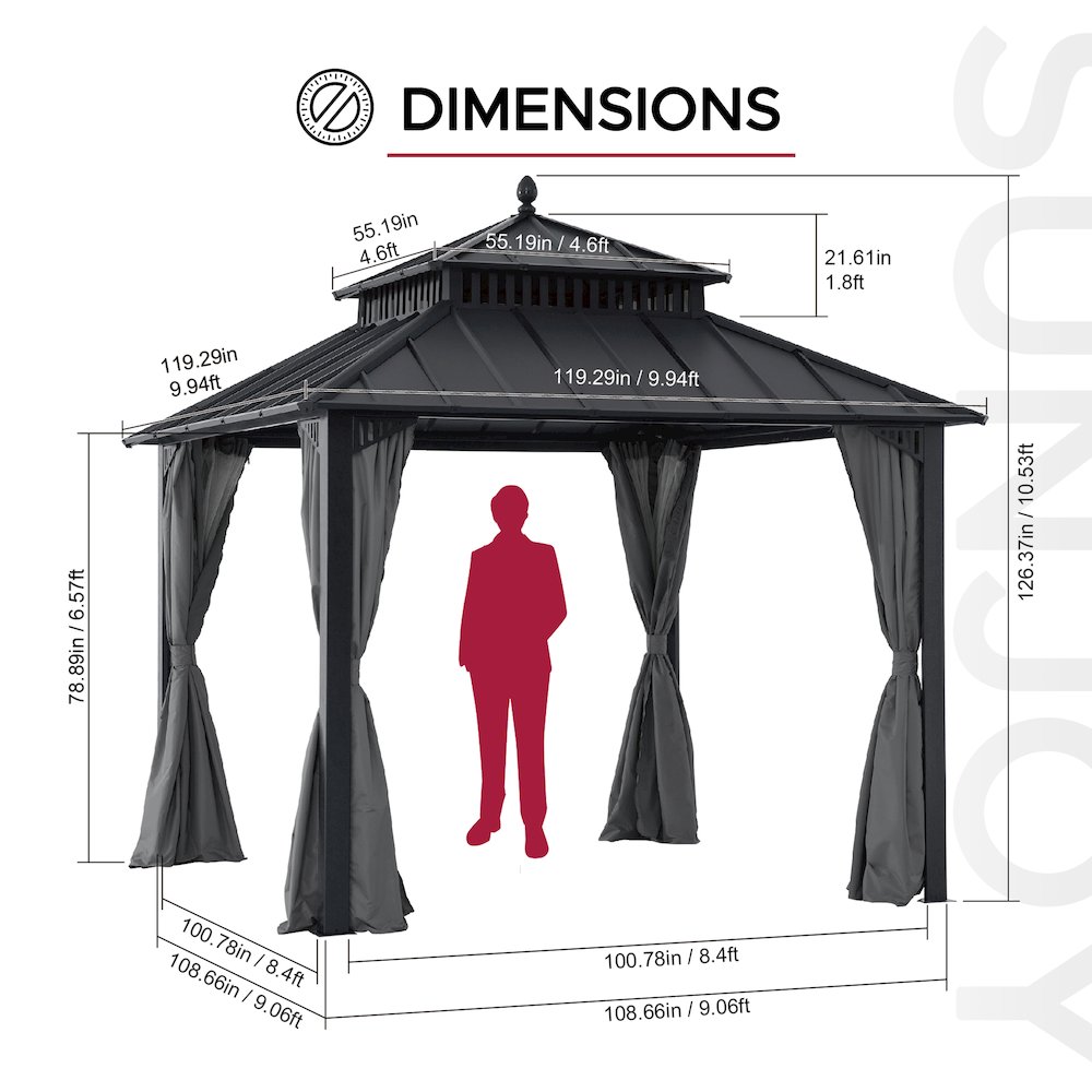 10 ft x 10 ft Hardtop Gazebo with Steel Roof, Grey Aluminum Frame. Picture 6