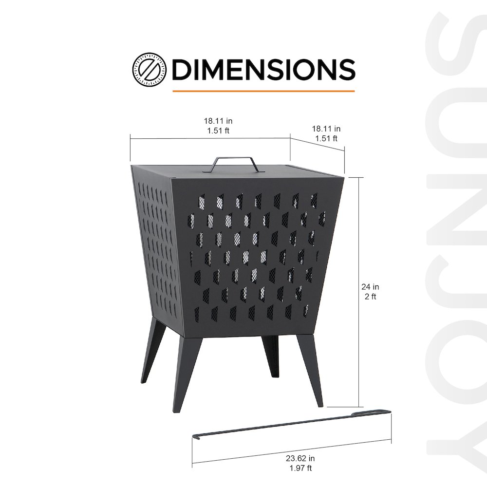 Powder-Coated Steel Wood-Burning Fire Pit with Mesh Lid and Poker, Black. Picture 2