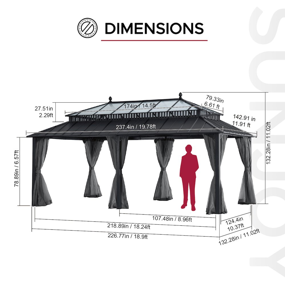 20 ft x 12 ft Hardtop Gazebo with Steel Roof, Grey Aluminum Frame. Picture 11