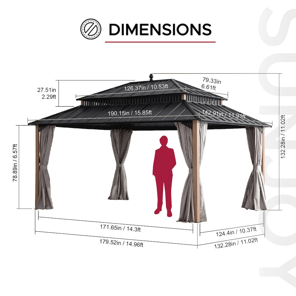 16 ft x 12 ft Woodgrain Aluminum Frame Galvanized Steel Roof Gazebo. Picture 3