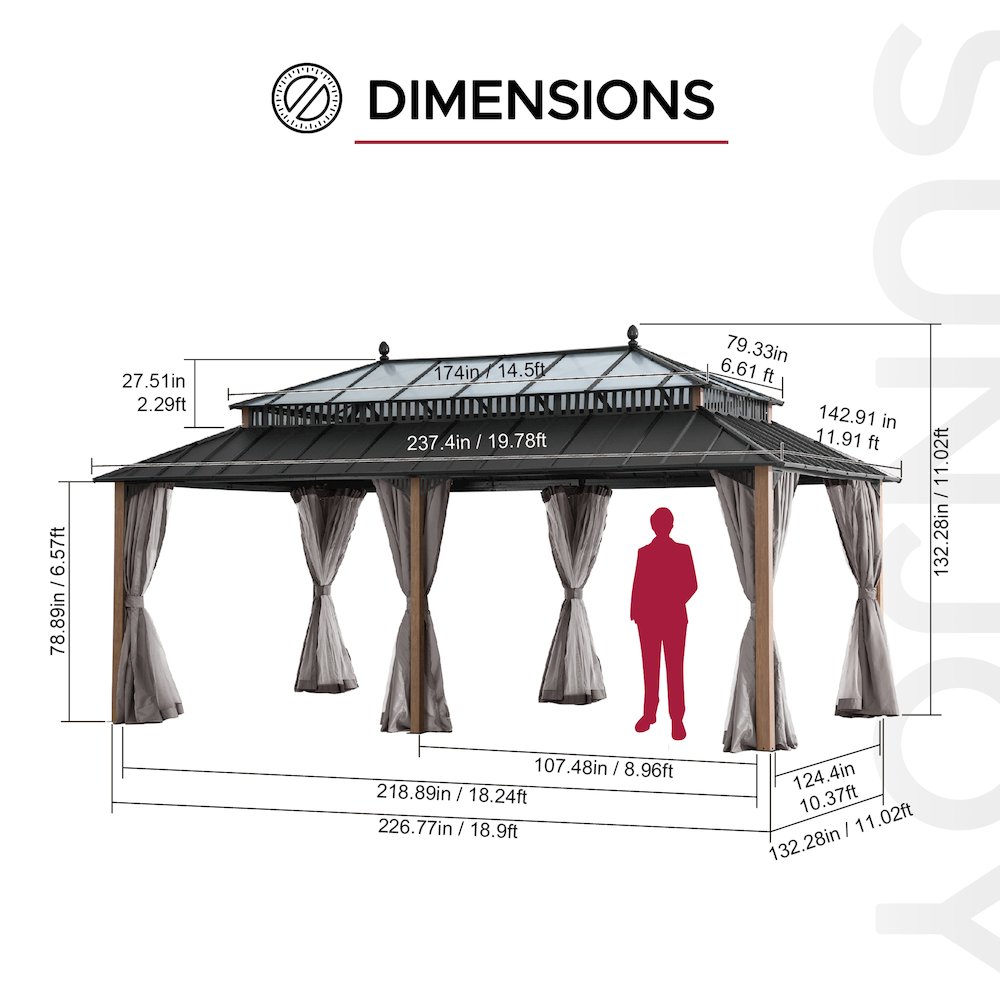 20 ft x 12 ft Aluminum Hardtop Gazebo with Polycarbonate Roof Hardtop, Woodgrain. Picture 3