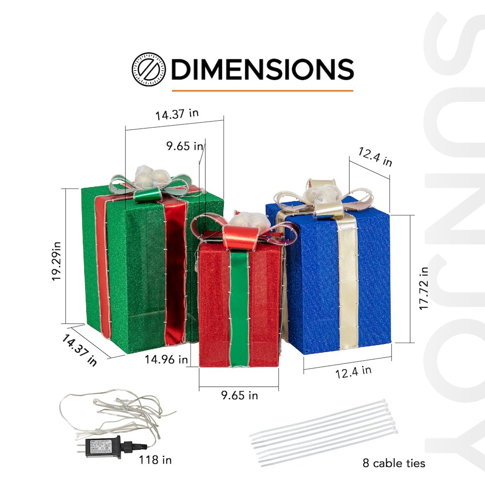 3-Piece Christmas Lighted Gift Box, 3D Tinsel Santa Gift Box Outdoor Garden. Picture 5