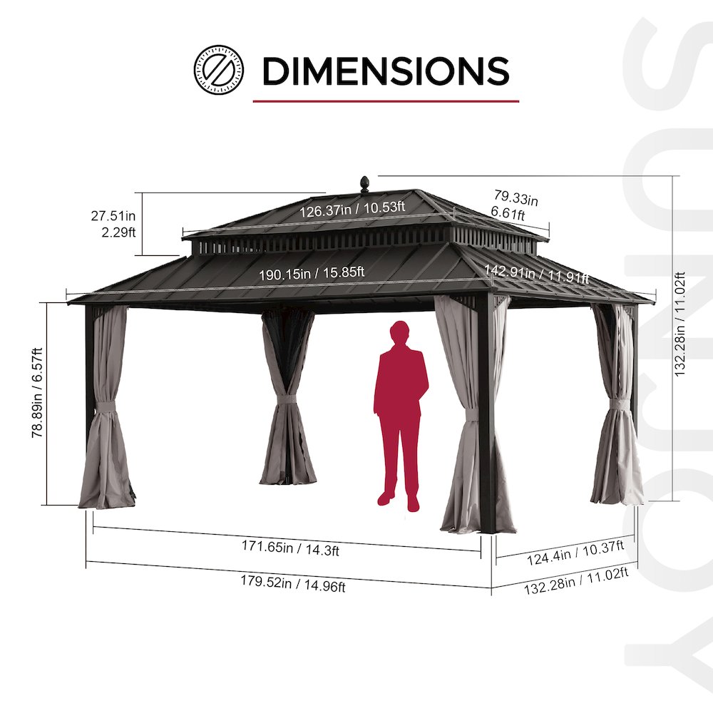 16 ft x 12 ft Aluminum Frame Steel Double Roof Hardtop Rectangular Gazebo, Brown. Picture 3