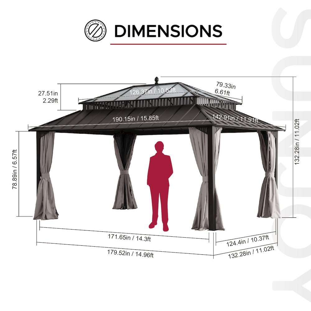16 ft x 12 ft Hardtop Gazebo, Steel & Polycarbonate Roof, Brown Aluminum Posts. Picture 3