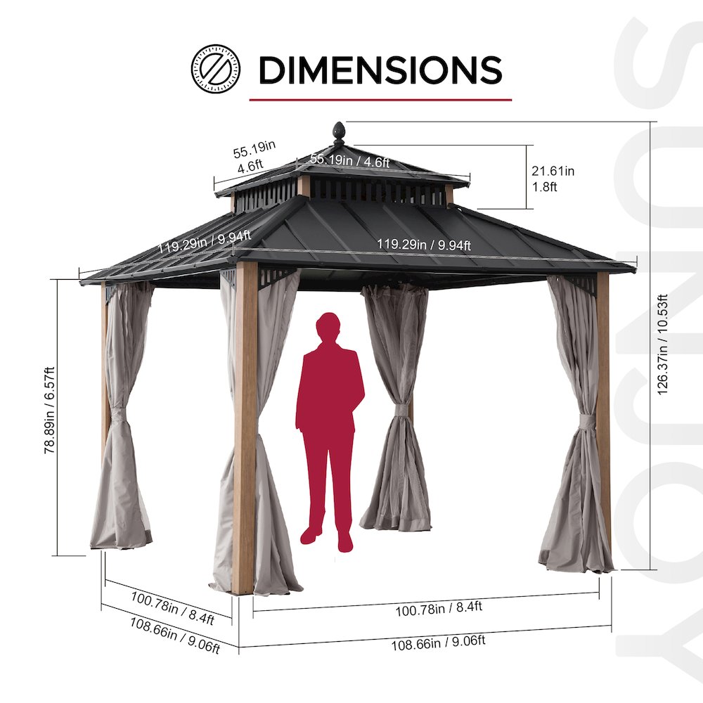 10 ft x 10 ft Hardtop Gazebo with Steel Roof, Woodgrain Aluminum Frame. Picture 7