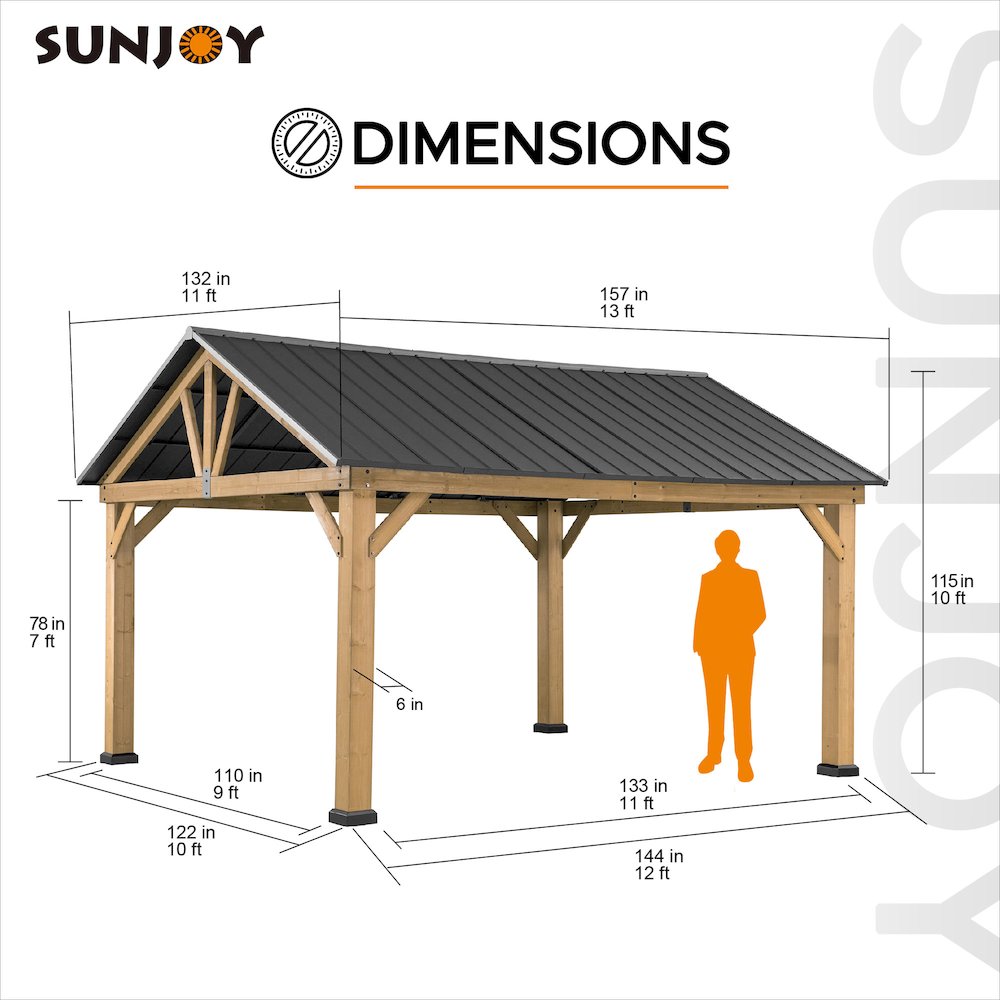 Sunjoy 11 ft. x 13 ft. Cedar Framed Gazebo with Matte-Black Steel Gable Hardtop Roof. Picture 2