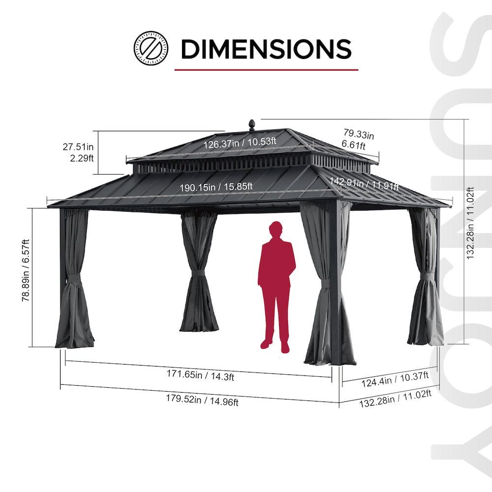 16 ft x 12 ft Aluminum Frame Steel Double Roof Hardtop Rectangular Gazebo, Grey. Picture 12