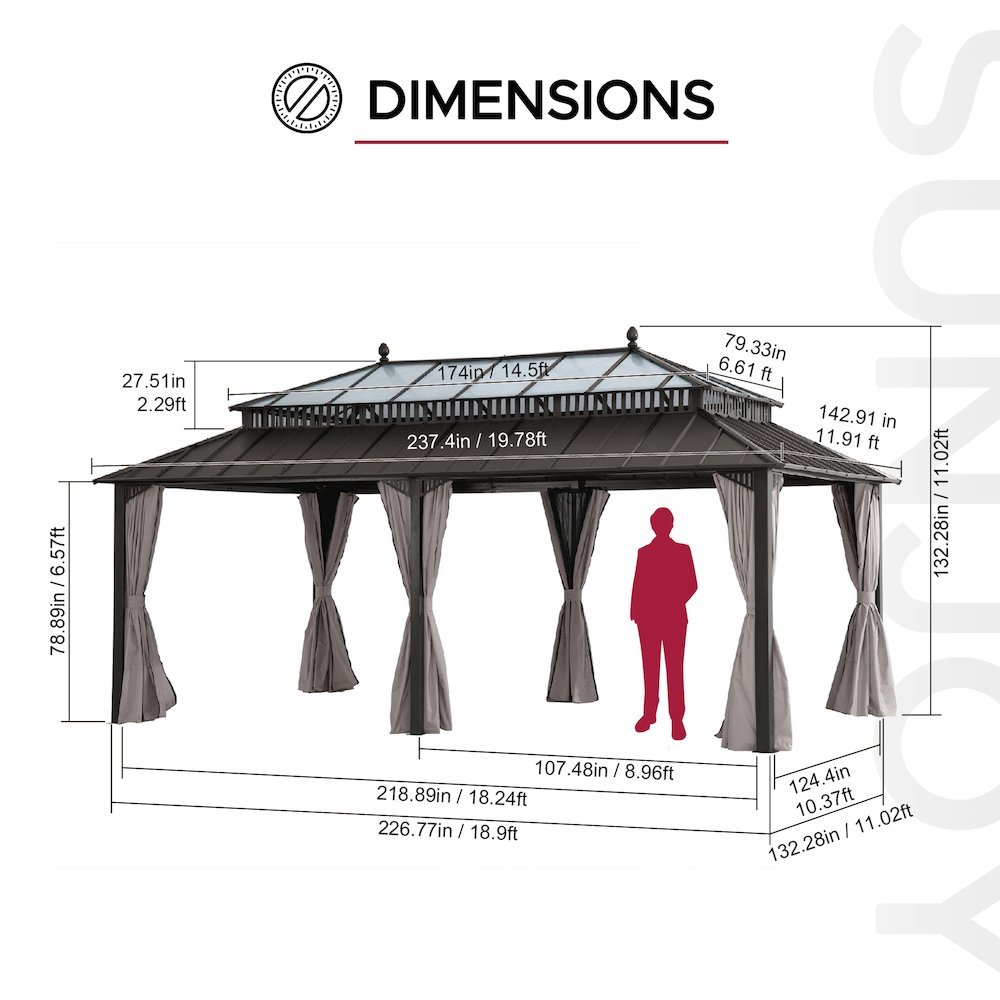 20 ft x 12 ft Hardtop Gazebo with Steel Roof, Brown Aluminum Frame. Picture 3