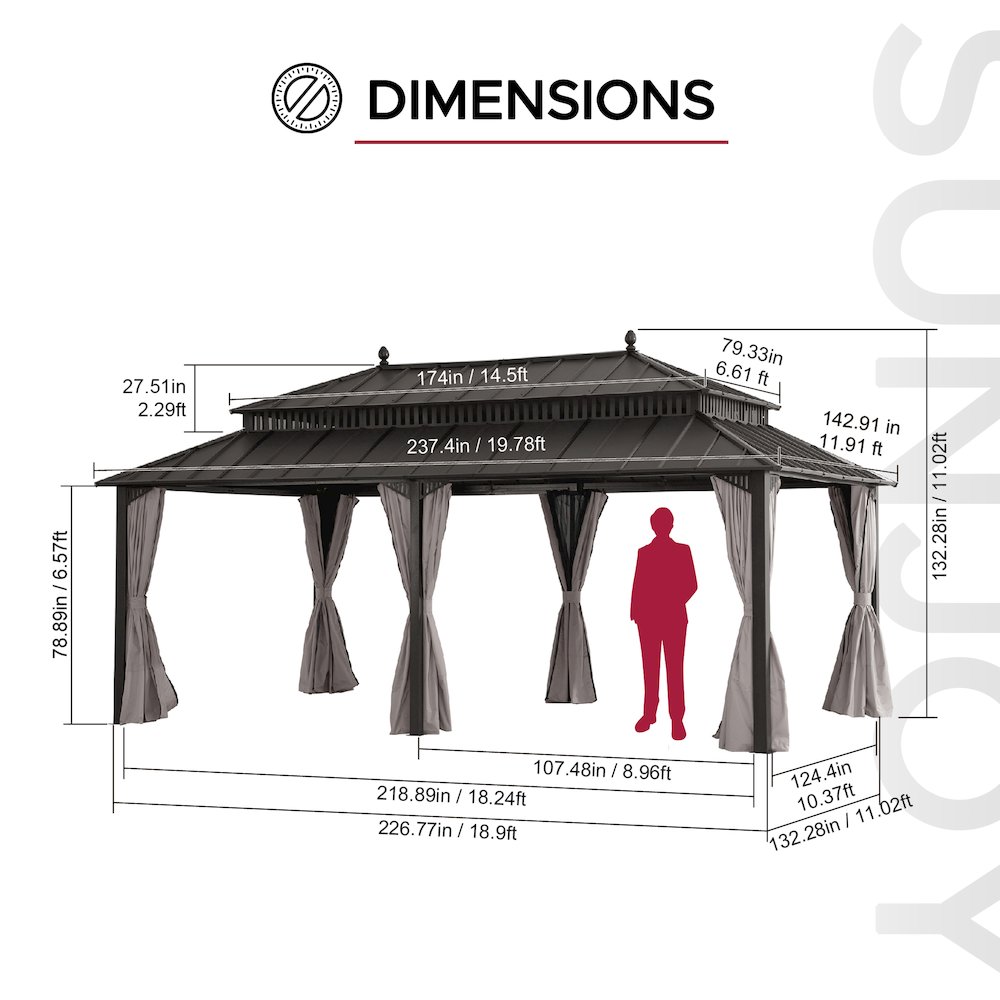 20 ft x 12 ft Aluminum Frame Steel Double Roof Hardtop Rectangular Gazebo, Brown. Picture 14