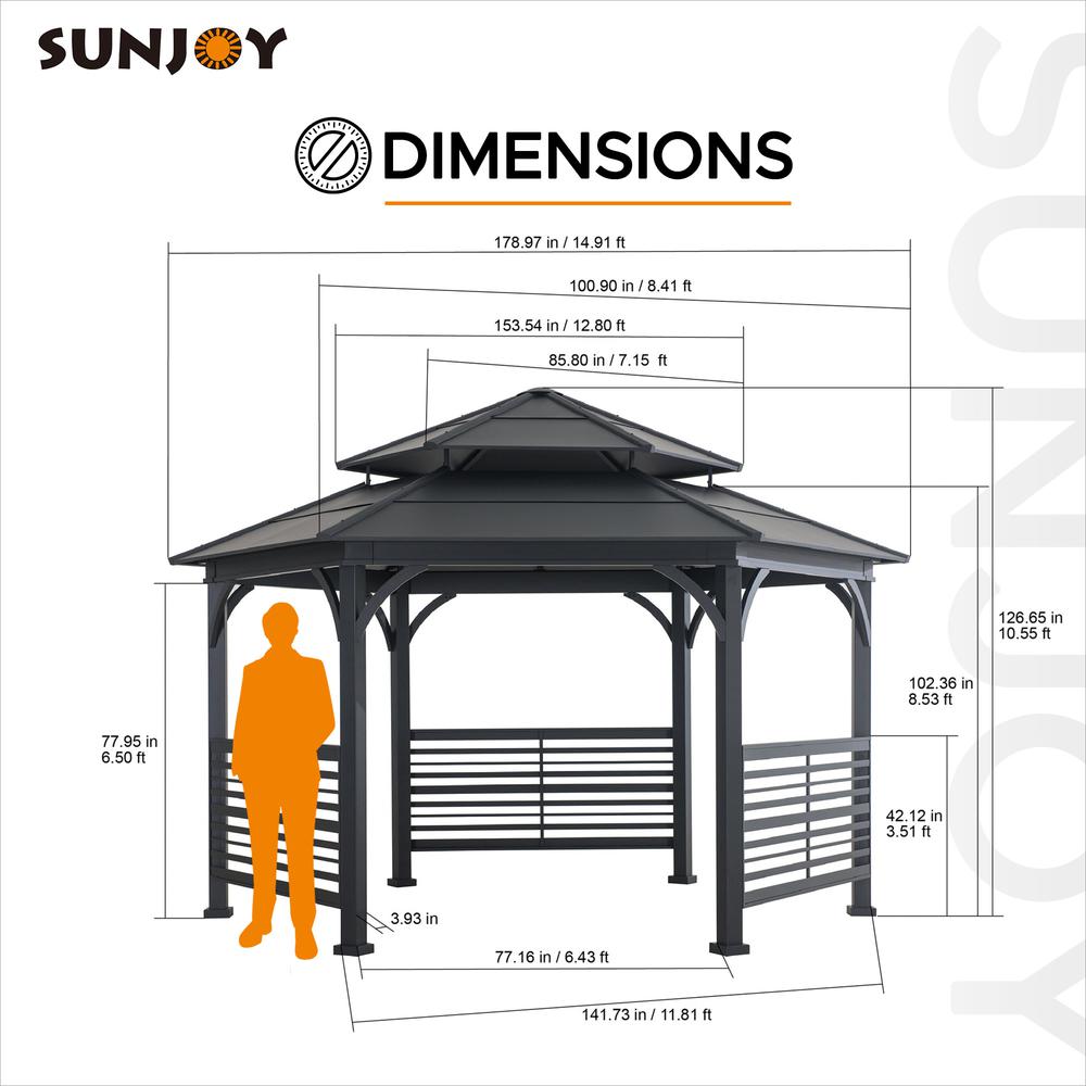 Sunjoy 15 x 15 ft. Outdoor Hardtop Hexagon Double Tiered Metal Gazebo. Picture 5