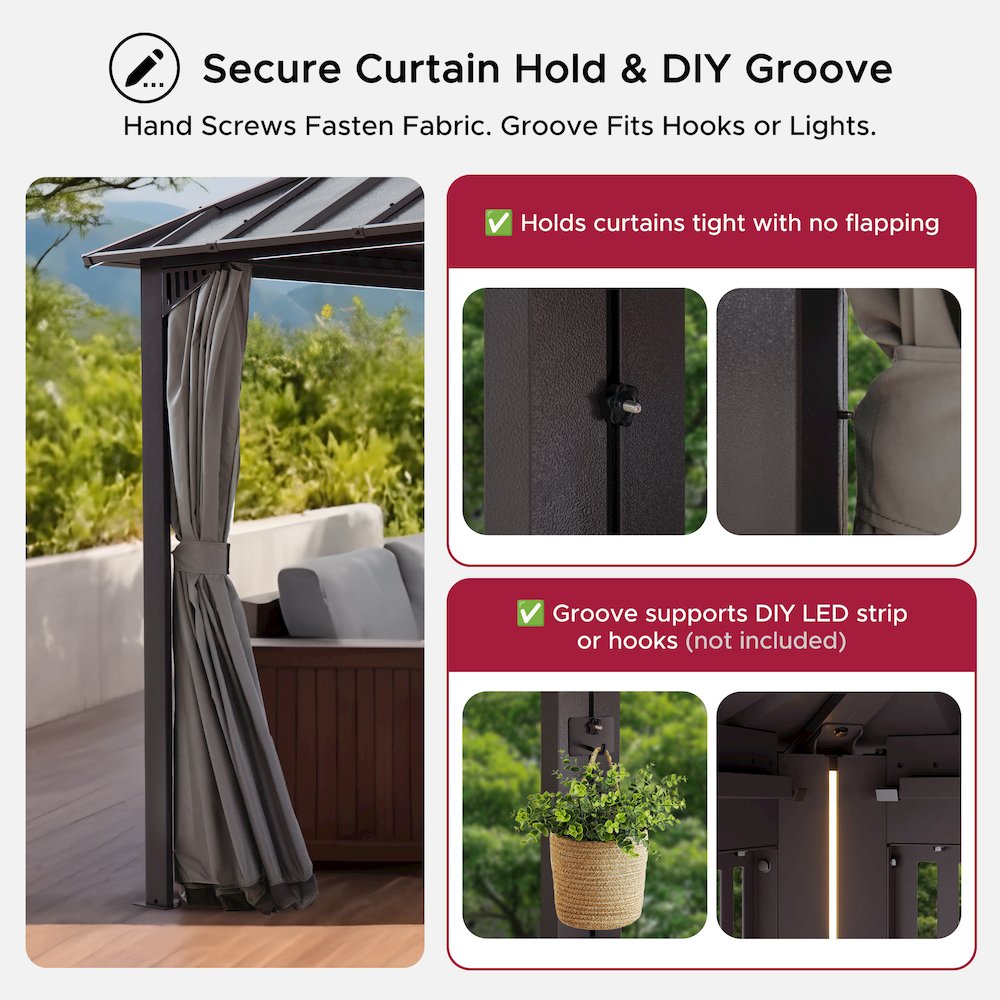 20 ft x 12 ft Aluminum Frame Steel Double Roof Hardtop Rectangular Gazebo, Brown. Picture 10