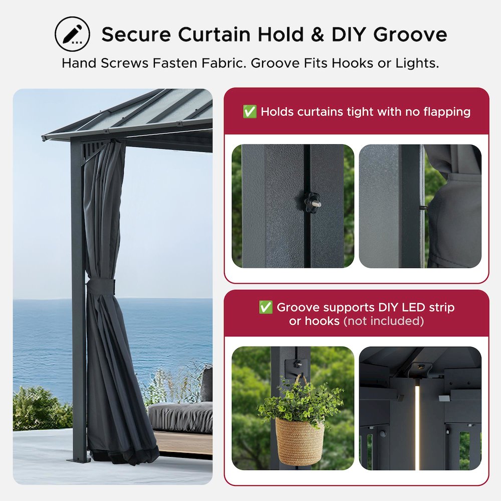16 ft x 12 ft Hardtop Gazebo, Steel & PC Roof, Gray Woodgrain Aluminum. Picture 4