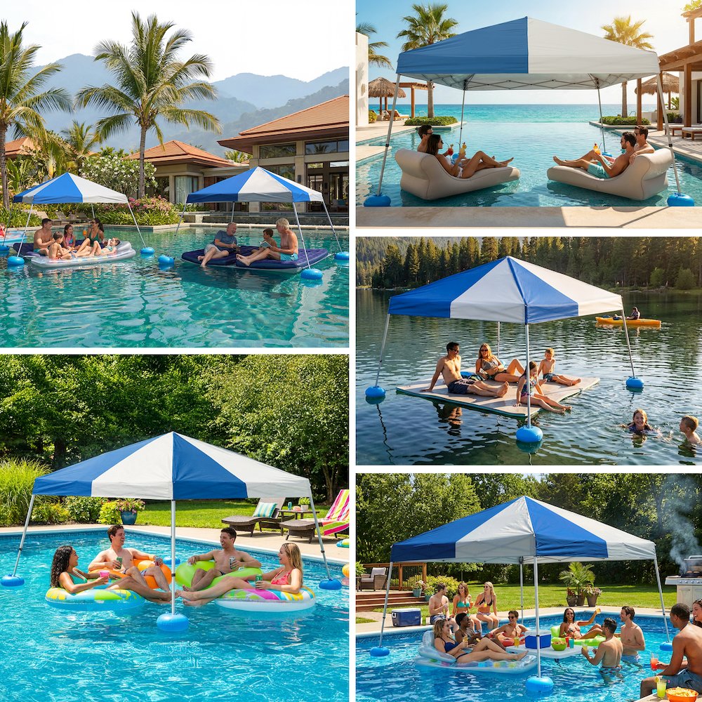 Grey and Navy Floating Pool Canopy Pop Up Gazebo & PVC Floats and Air Pump. Picture 8
