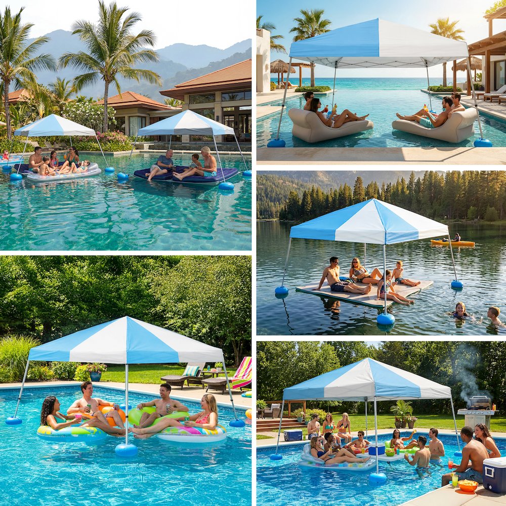 Grey and Light Blue Floating Pool Canopy Pop Up Gazebo & PVC Floats and Air Pump. Picture 7