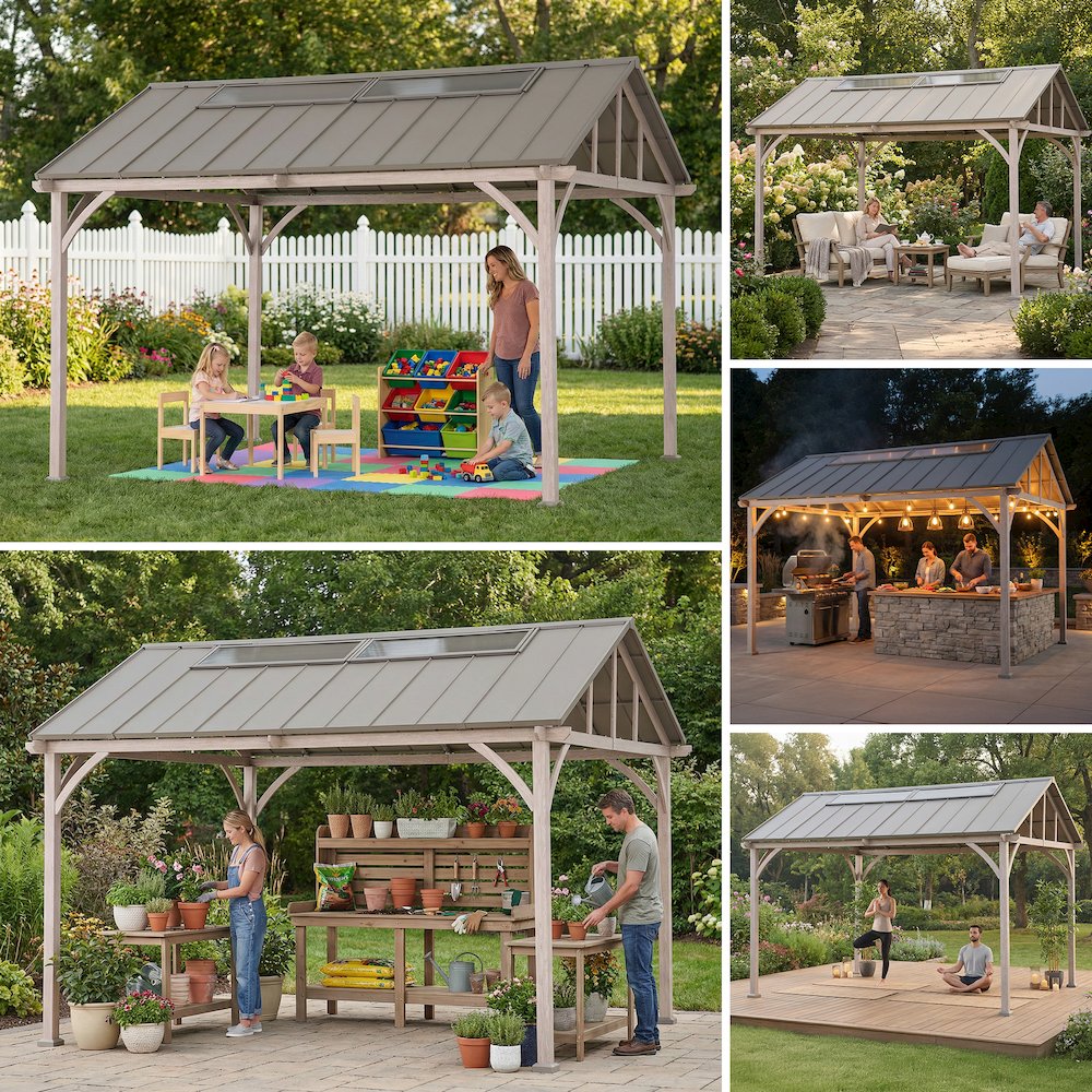 Wood Grain Steel Hardtop Gazebo with Galvanized Steel & PC Roof and Ceiling Hook. Picture 5