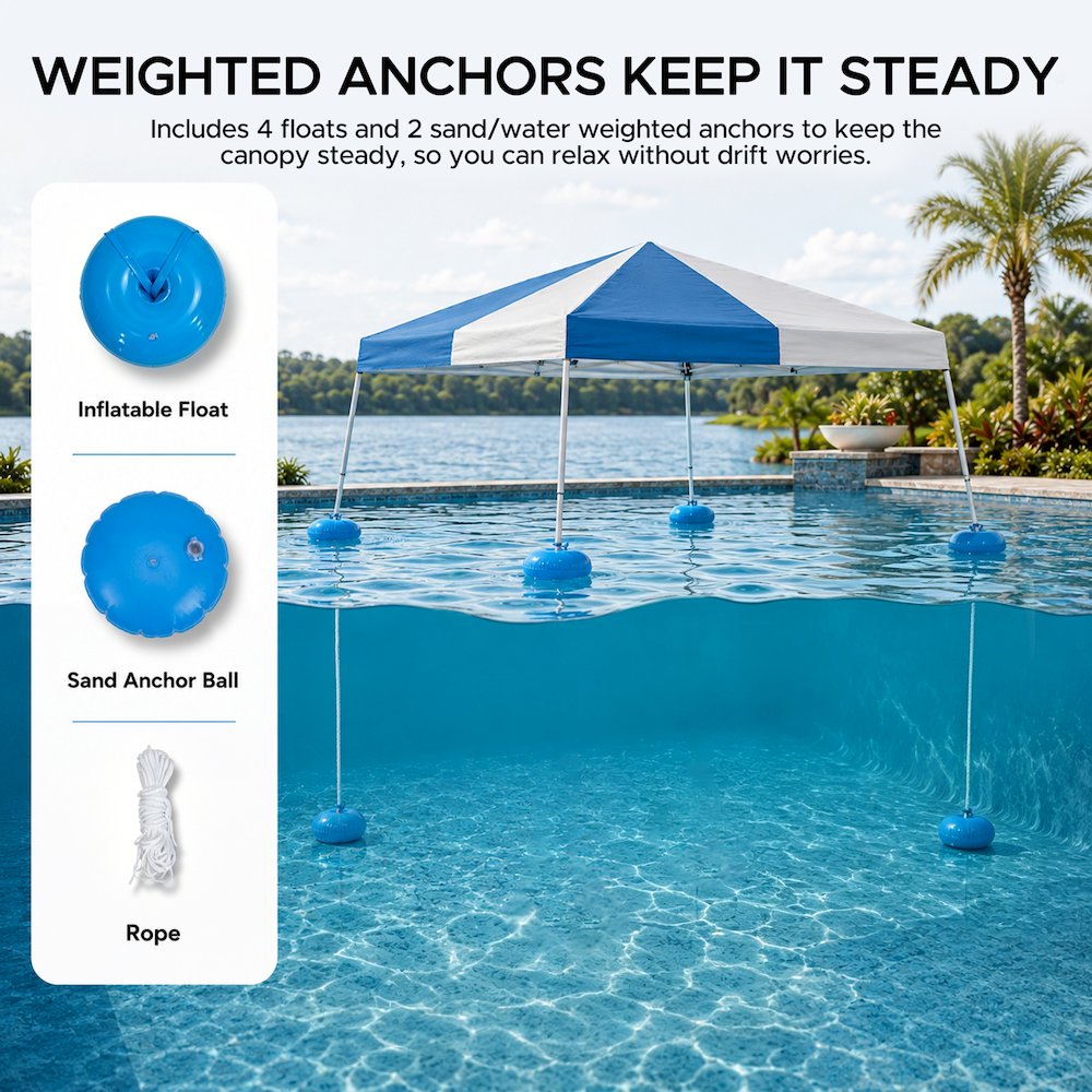 Grey and Navy Floating Pool Canopy Pop Up Gazebo & PVC Floats and Air Pump. Picture 7