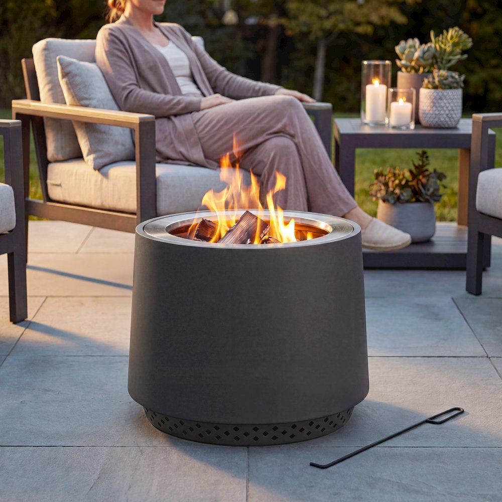 Stainless Steel Wood-Burning Smokeless Fire Pit with PVC Cover and Poker, Grey. Picture 3