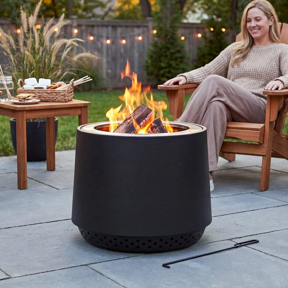 Stainless Steel Wood-Burning Smokeless Fire Pit with PVC Cover and Poker, Black. Picture 6