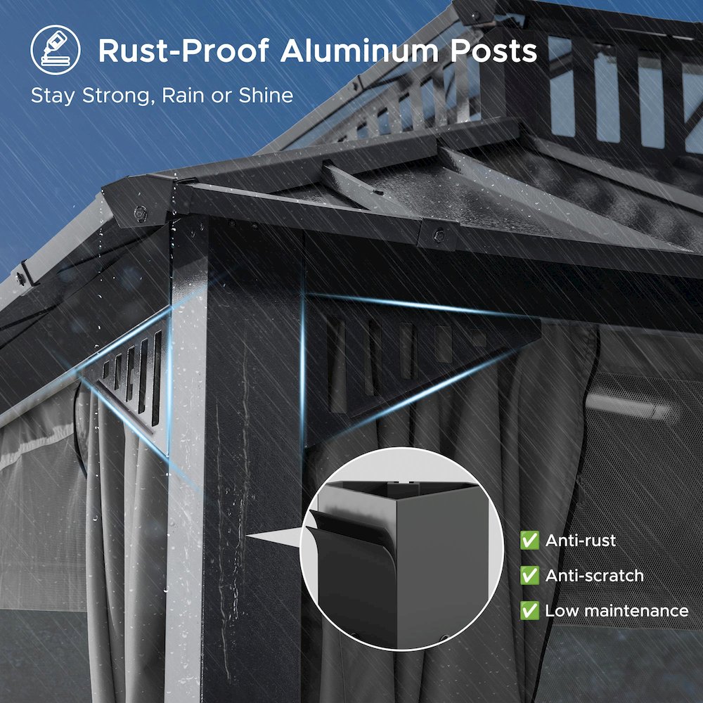 16 ft x 12 ft Hardtop Gazebo, Steel & PC Roof, Gray Woodgrain Aluminum. Picture 10