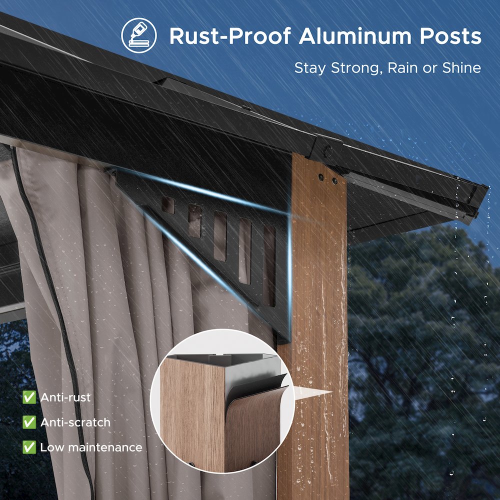 10 ft x 10 ft Hardtop Gazebo with Steel Roof, Woodgrain Aluminum Frame. Picture 9
