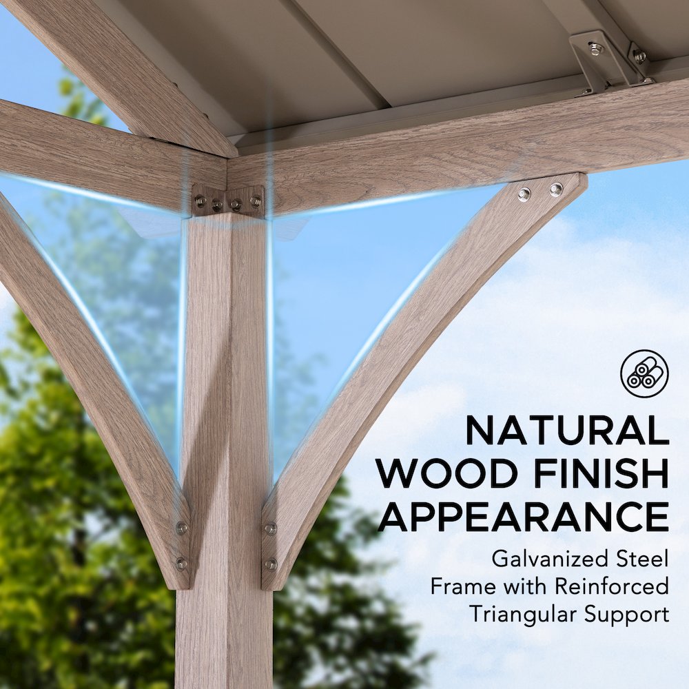 Wood Grain Steel Hardtop Gazebo with Galvanized Steel & PC Roof and Ceiling Hook. Picture 8