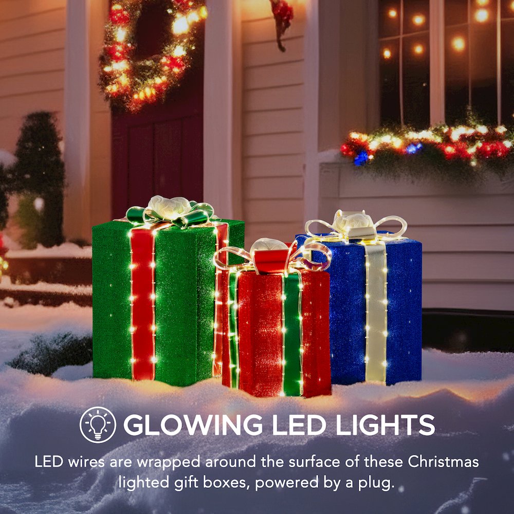 3-Piece Christmas Lighted Gift Box, 3D Tinsel Santa Gift Box Outdoor Garden. Picture 8