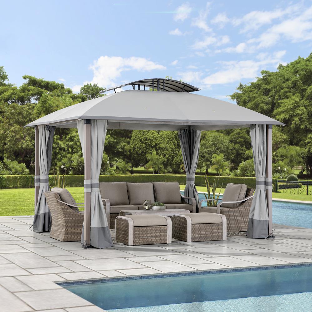 Sunjoy 11x13 ft. Gray Outdoor Patio Soft Top Woodgrain Steel Framed Gazebo. Picture 26