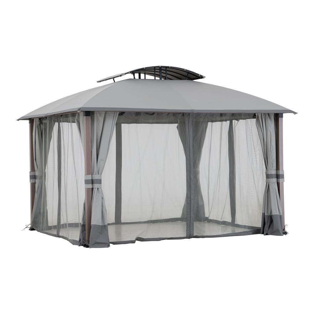 Sunjoy 11x13 ft. Gray Outdoor Patio Soft Top Woodgrain Steel Framed Gazebo. Picture 27