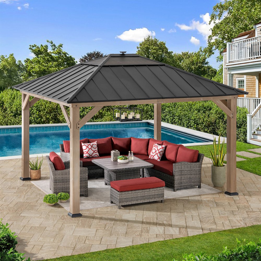 11 ft. x 13 ft. Cedar Framed Gazebo with Brown Steel and Polycarbonate Hip Roof. Picture 8