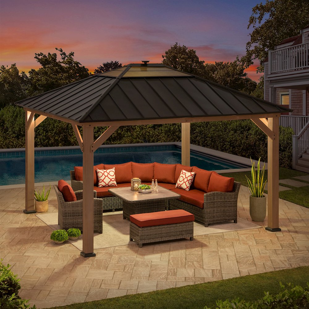 11 ft. x 13 ft. Cedar Framed Gazebo with Brown Steel and Polycarbonate Hip Roof. Picture 2