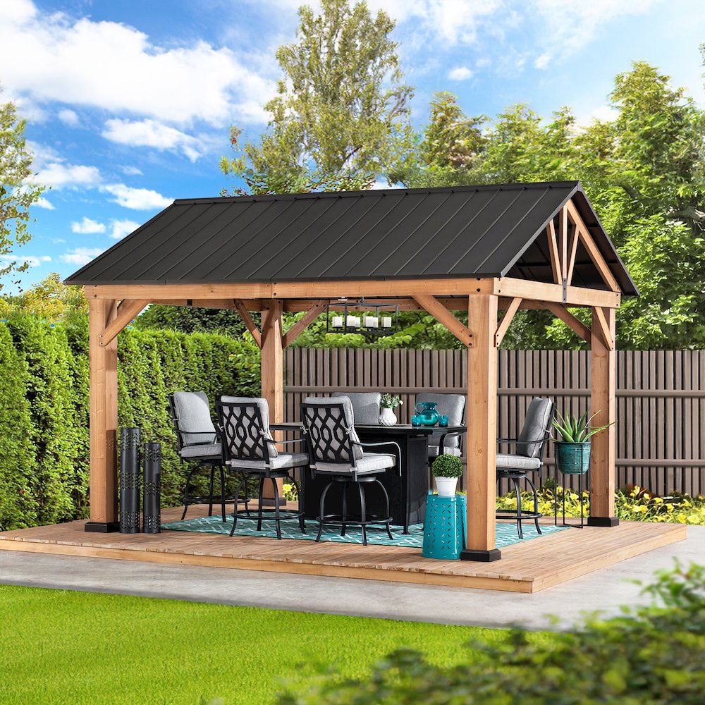 Sunjoy 11 ft. x 13 ft. Cedar Framed Gazebo with Matte-Black Steel Gable Hardtop Roof. Picture 5