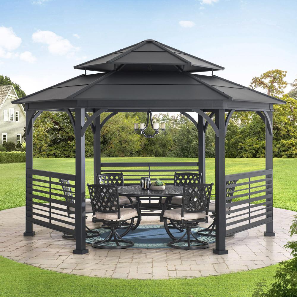 Sunjoy 15 x 15 ft. Outdoor Hardtop Hexagon Double Tiered Metal Gazebo. Picture 7