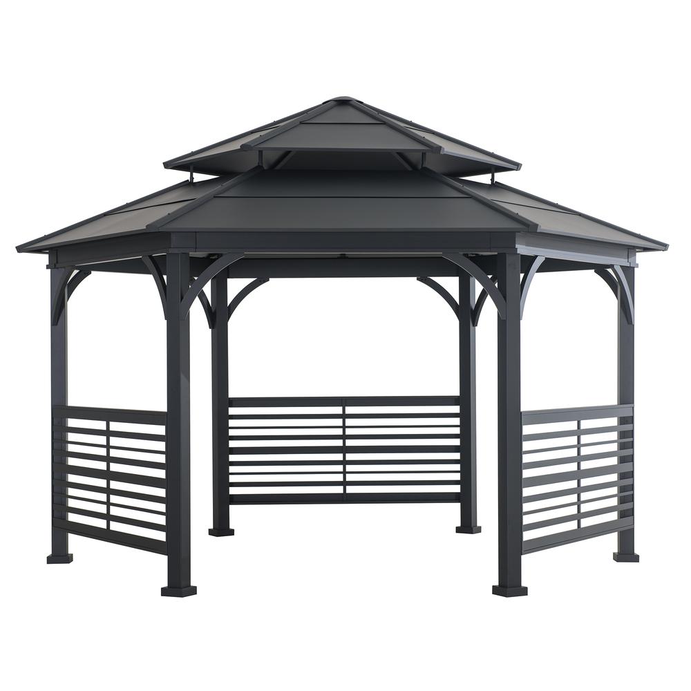 Sunjoy 15 x 15 ft. Outdoor Hardtop Hexagon Double Tiered Metal Gazebo. Picture 1