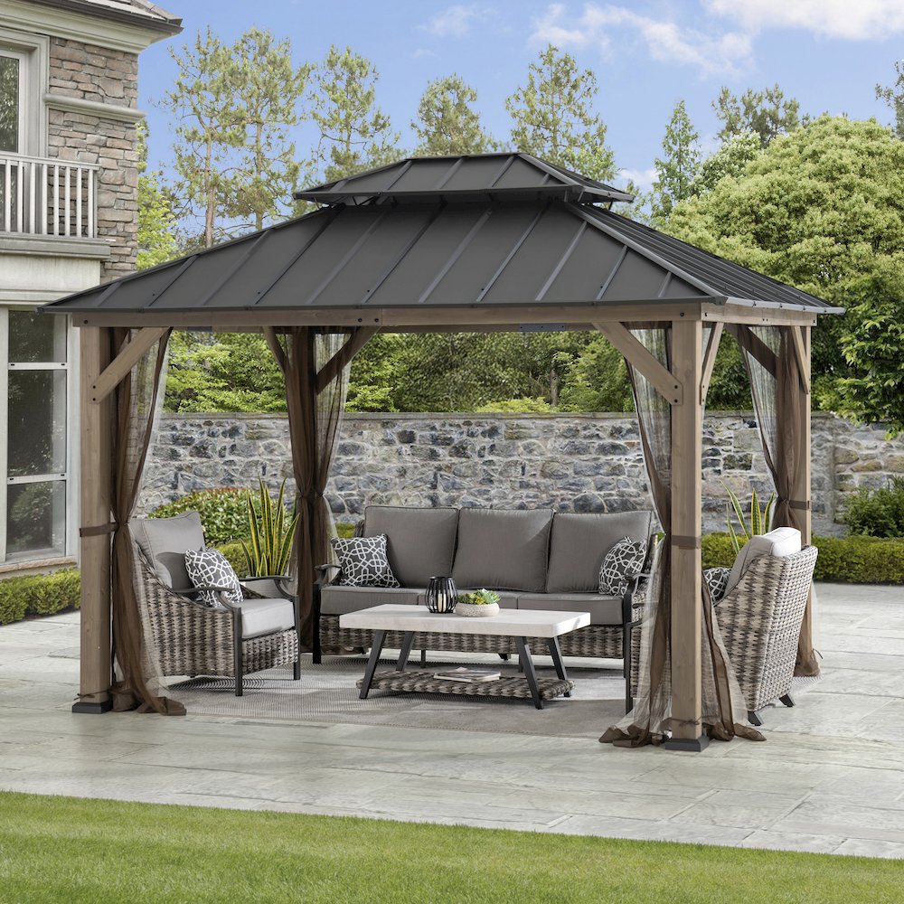 10 ft. x 12 ft. Cedar Wood Gazebo with Galvanized Steel Roof - Brown. Picture 2