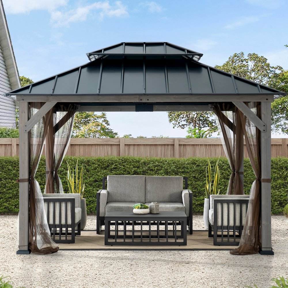 10 ft. x 12 ft. Cedar Wood Gazebo with Galvanized Steel Roof - Gray. Picture 2