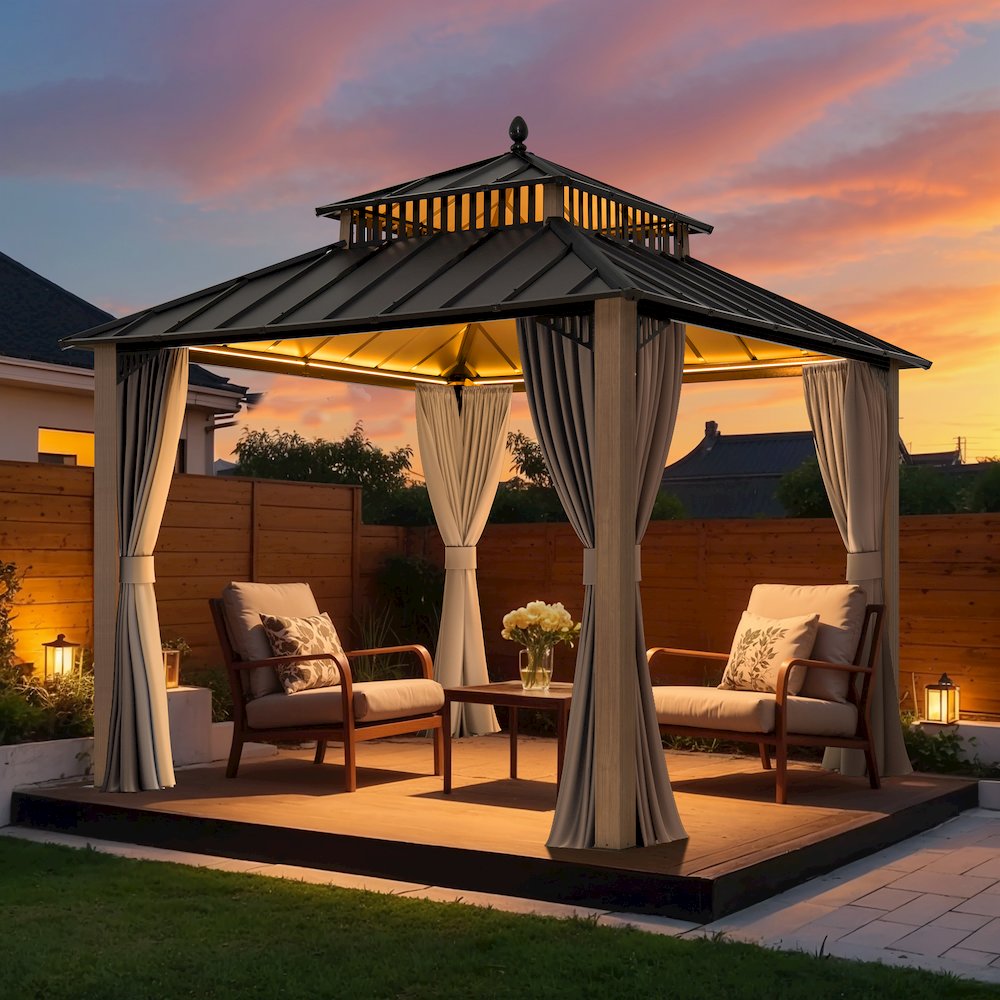 10 ft x 10 ft Hardtop Gazebo with Steel Roof, Woodgrain Aluminum Frame. Picture 3