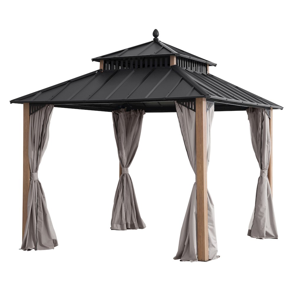 10 ft x 10 ft Hardtop Gazebo with Steel Roof, Woodgrain Aluminum Frame. Picture 1